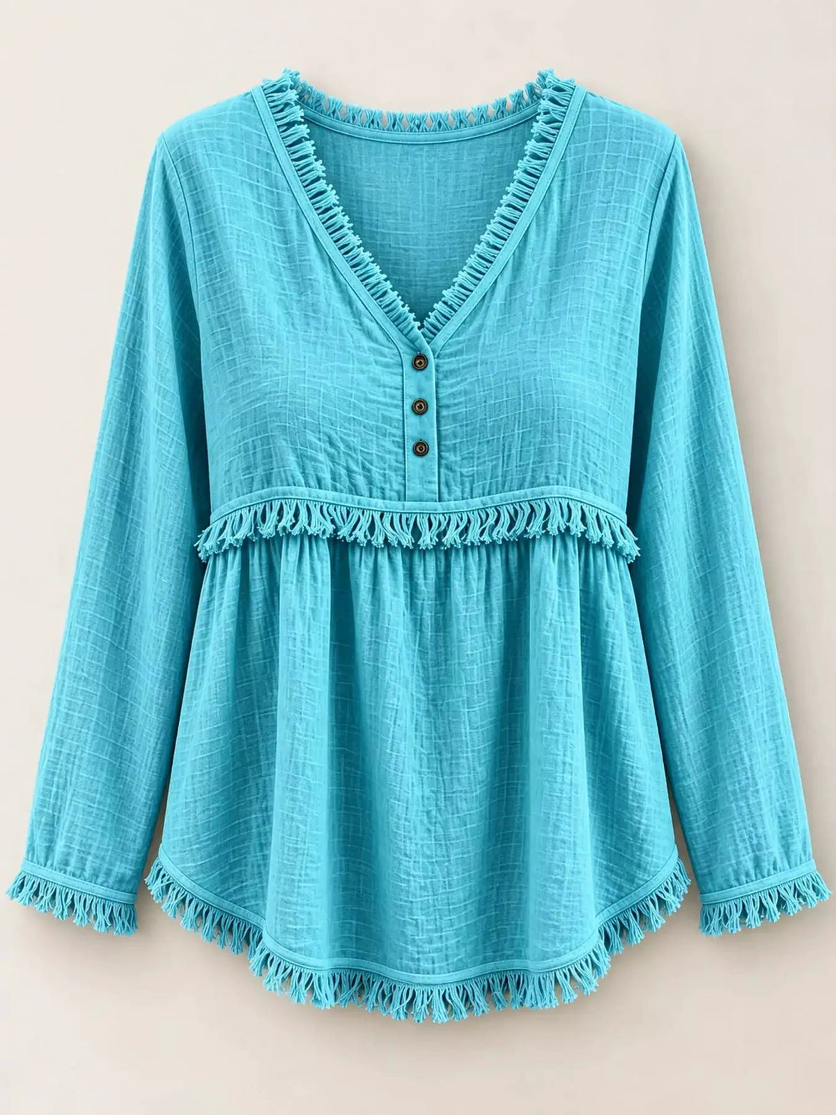 Blue Fringe Trim V-Neck Long Sleeve Babydoll Blouse - Bitsy Gypsy Boutique