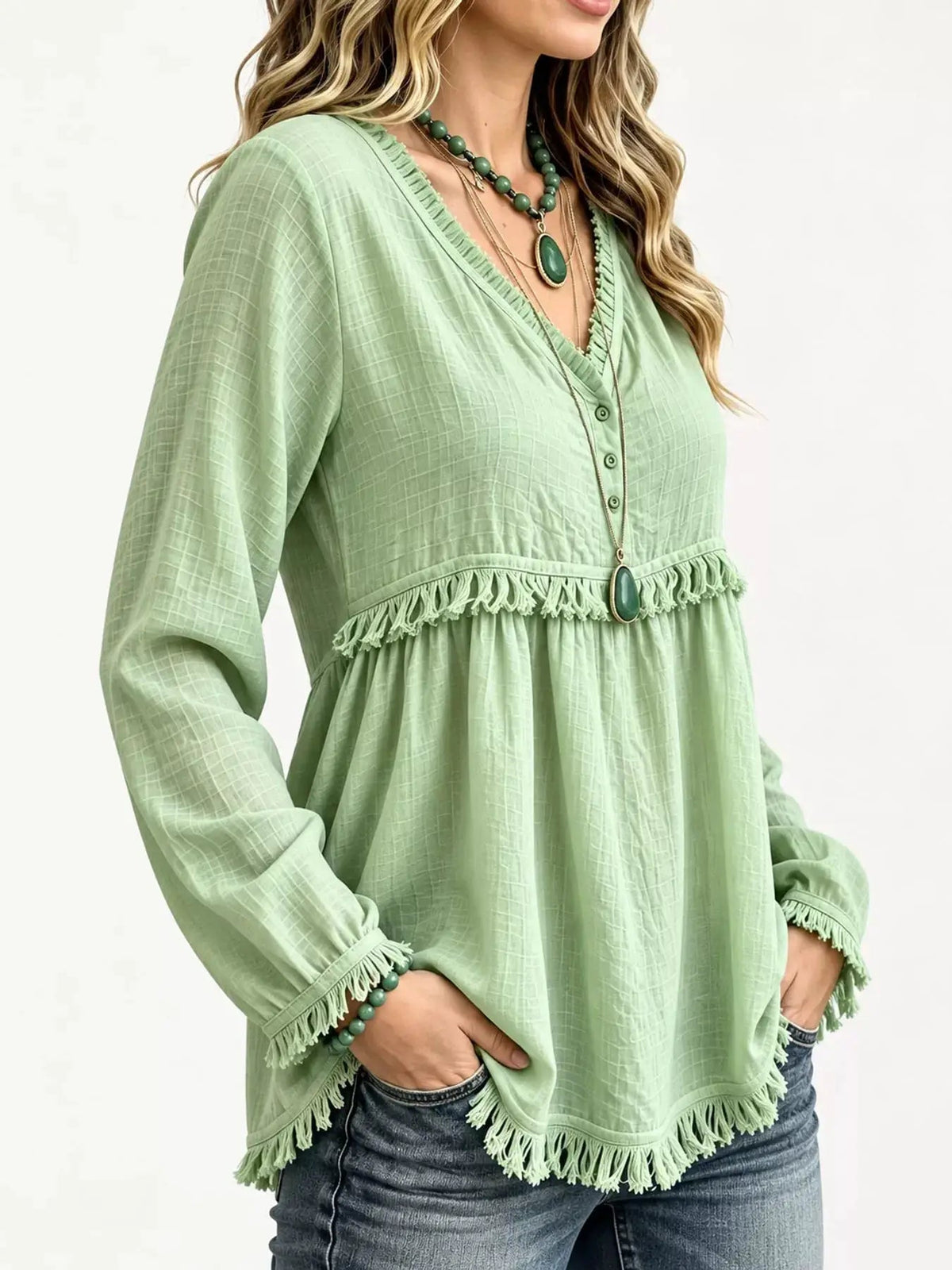 Blue Fringe Trim V-Neck Long Sleeve Babydoll Blouse - Bitsy Gypsy Boutique