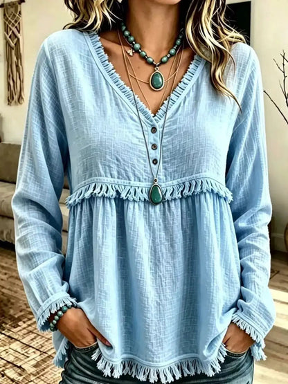 Blue Fringe Trim V-Neck Long Sleeve Babydoll Blouse - Bitsy Gypsy Boutique