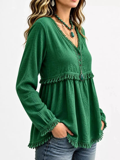 Blue Fringe Trim V-Neck Long Sleeve Babydoll Blouse - Bitsy Gypsy Boutique