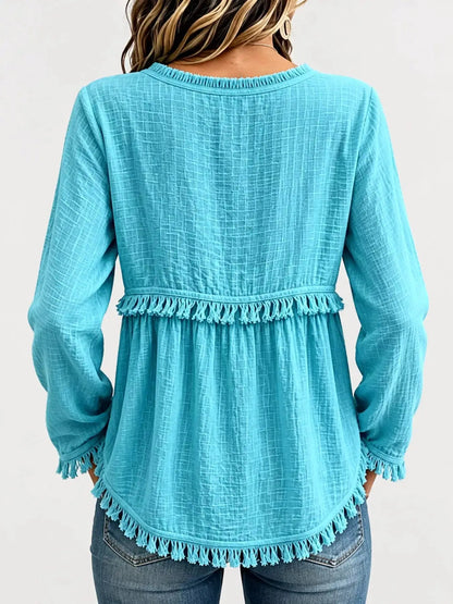 Blue Fringe Trim V-Neck Long Sleeve Babydoll Blouse - Bitsy Gypsy Boutique