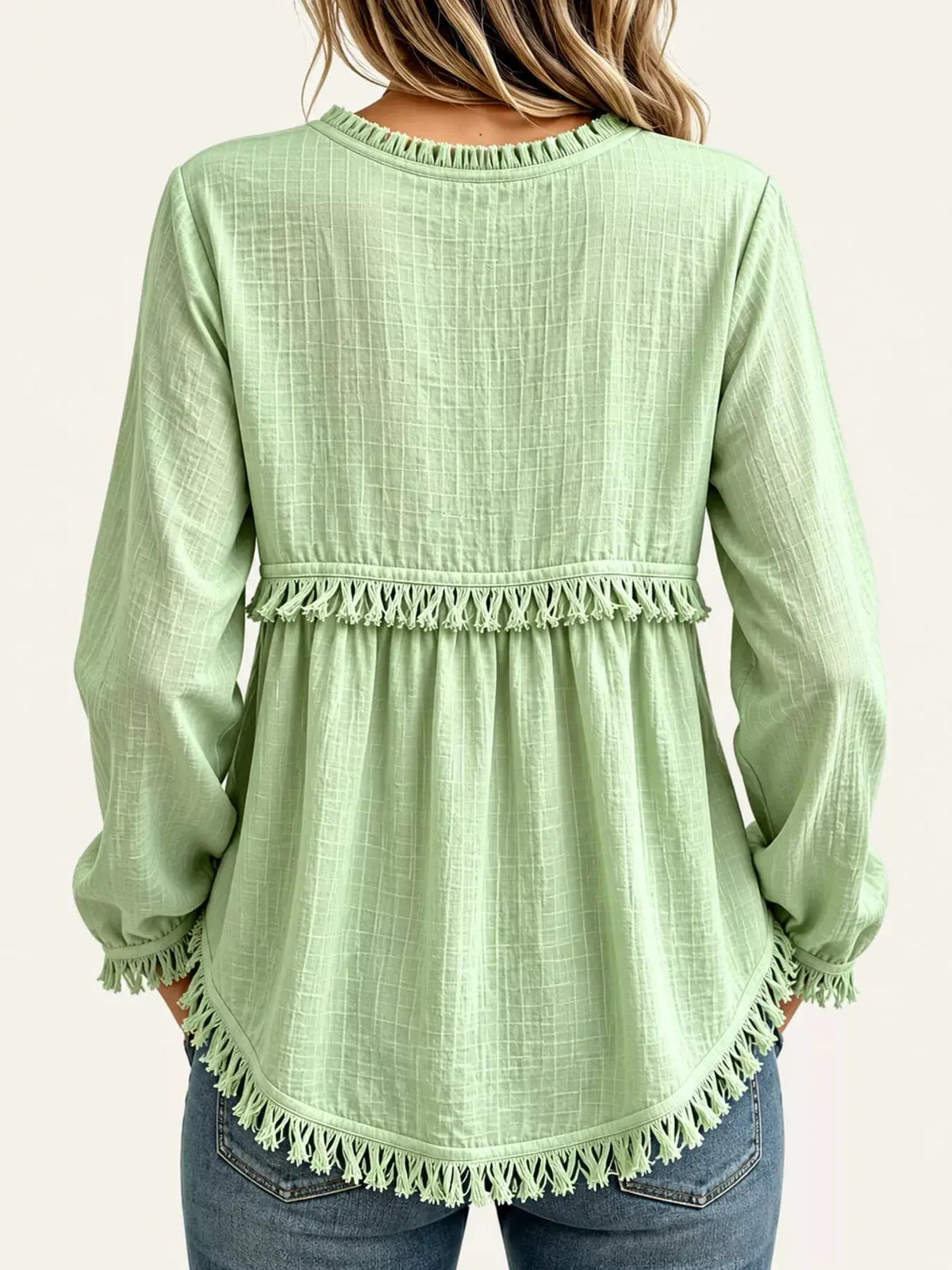 Blue Fringe Trim V-Neck Long Sleeve Babydoll Blouse - Bitsy Gypsy Boutique