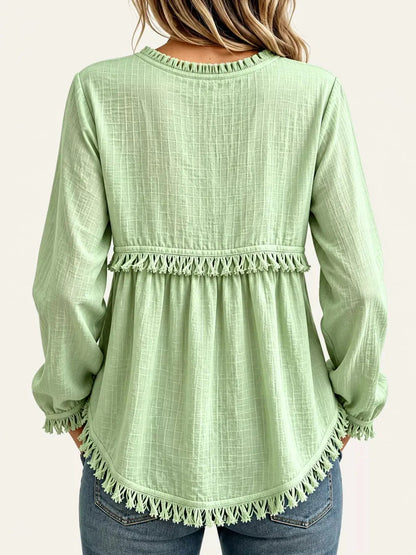 Blue Fringe Trim V-Neck Long Sleeve Babydoll Blouse - Bitsy Gypsy Boutique