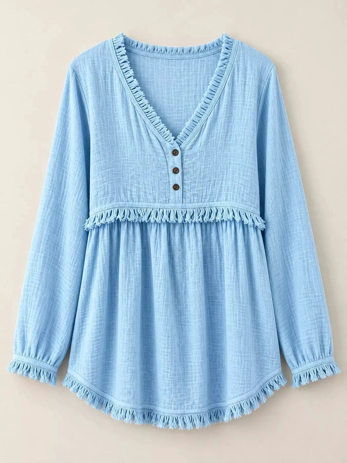 Blue Fringe Trim V-Neck Long Sleeve Babydoll Blouse - Bitsy Gypsy Boutique