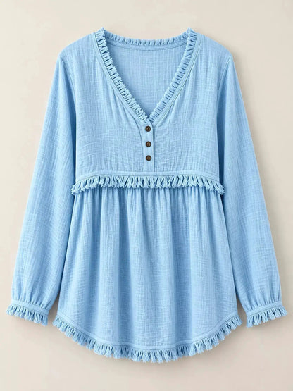 Blue Fringe Trim V-Neck Long Sleeve Babydoll Blouse - Bitsy Gypsy Boutique