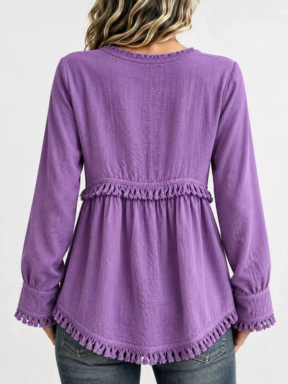 Blue Fringe Trim V-Neck Long Sleeve Babydoll Blouse - Bitsy Gypsy Boutique