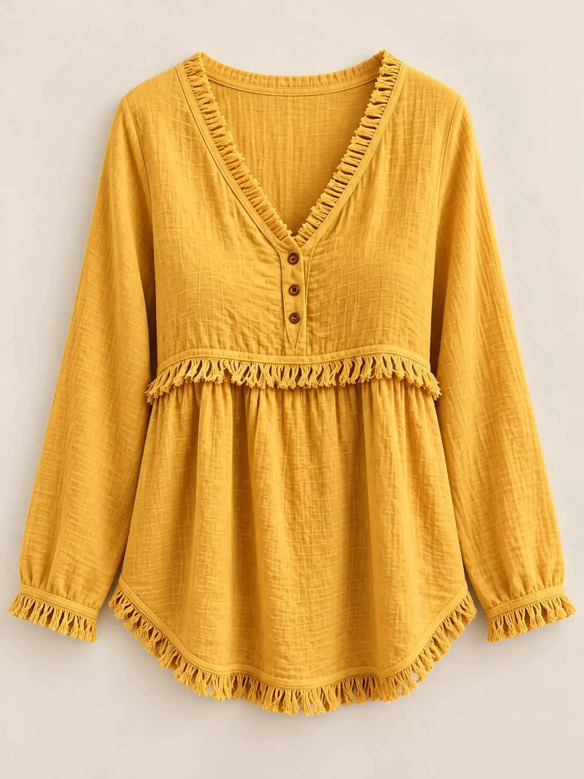 Blue Fringe Trim V-Neck Long Sleeve Babydoll Blouse - Bitsy Gypsy Boutique