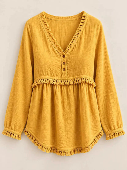 Blue Fringe Trim V-Neck Long Sleeve Babydoll Blouse - Bitsy Gypsy Boutique