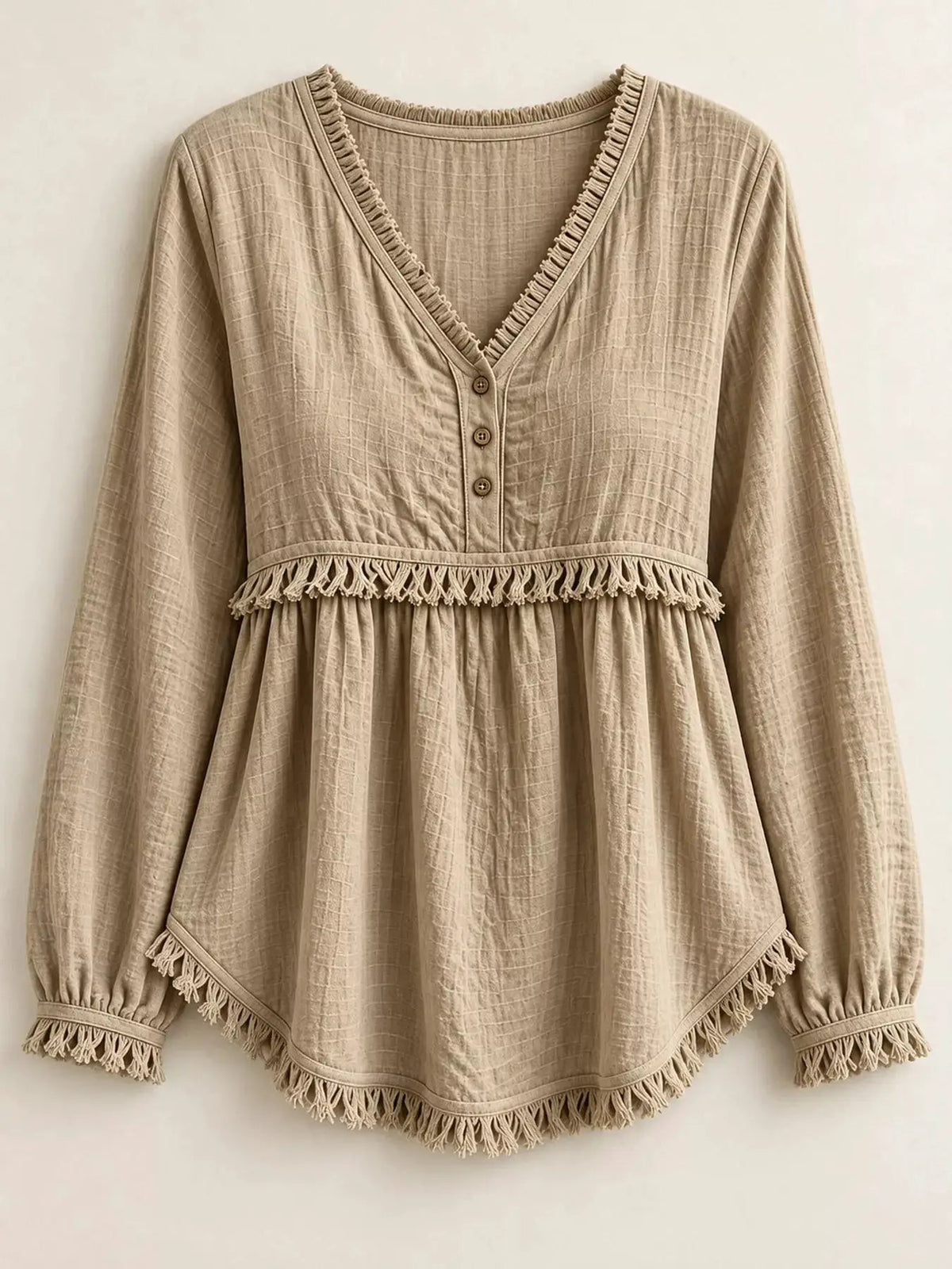 Blue Fringe Trim V-Neck Long Sleeve Babydoll Blouse - Bitsy Gypsy Boutique