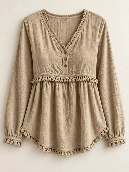 Blue Fringe Trim V-Neck Long Sleeve Babydoll Blouse - Bitsy Gypsy Boutique