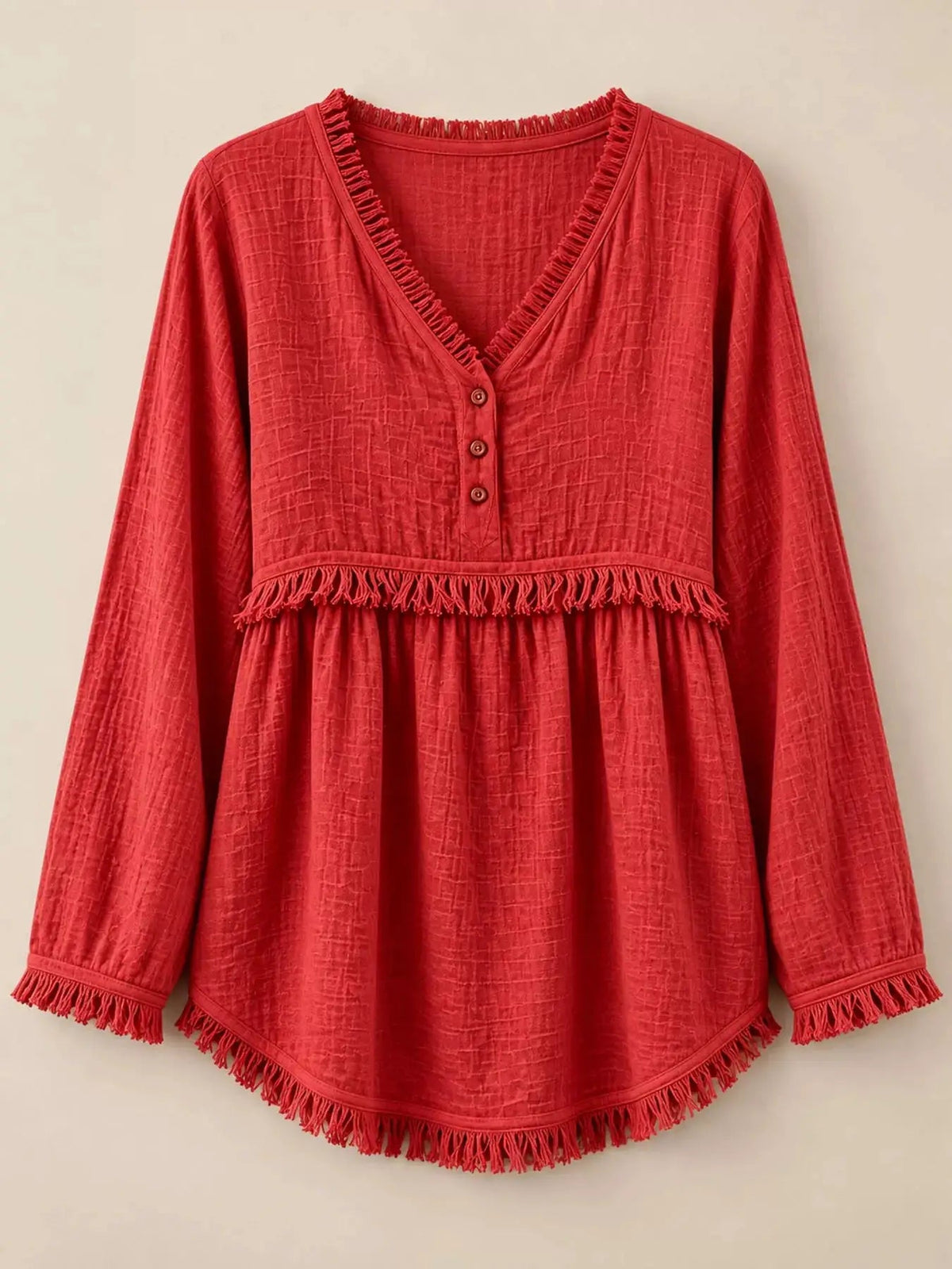 Blue Fringe Trim V-Neck Long Sleeve Babydoll Blouse - Bitsy Gypsy Boutique