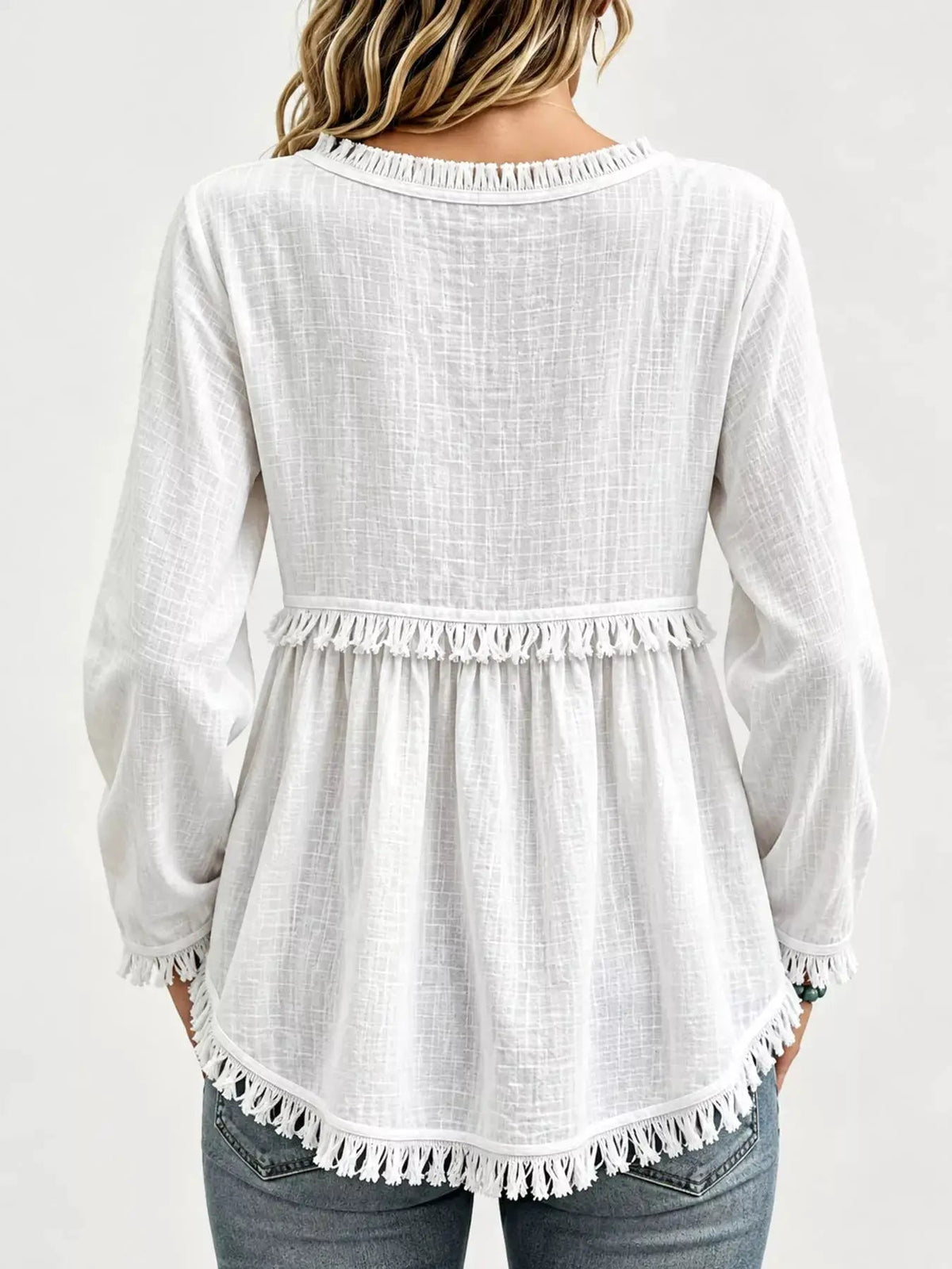 Blue Fringe Trim V-Neck Long Sleeve Babydoll Blouse - Bitsy Gypsy Boutique