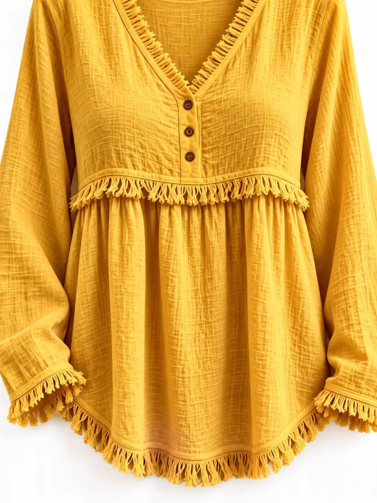 Blue Fringe Trim V-Neck Long Sleeve Babydoll Blouse - Bitsy Gypsy Boutique