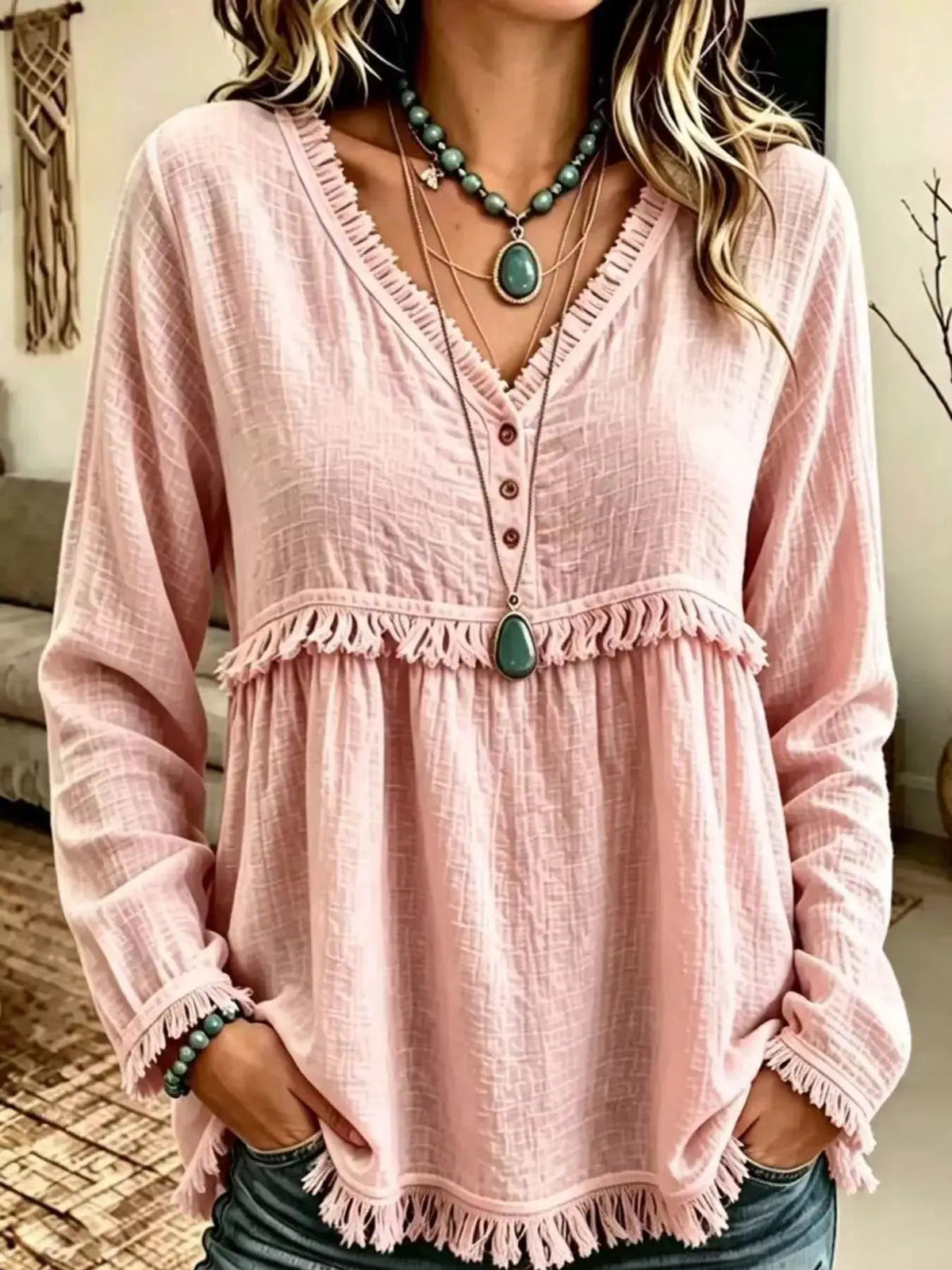 Blue Fringe Trim V-Neck Long Sleeve Babydoll Blouse - Bitsy Gypsy Boutique