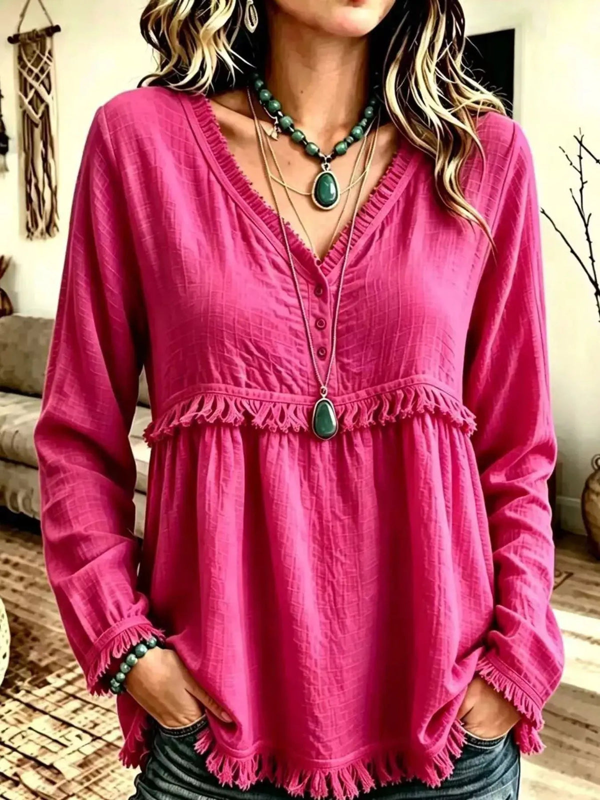 Blue Fringe Trim V-Neck Long Sleeve Babydoll Blouse - Bitsy Gypsy Boutique