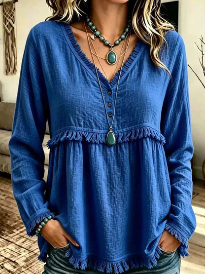 Blue Fringe Trim V-Neck Long Sleeve Babydoll Blouse - Bitsy Gypsy Boutique