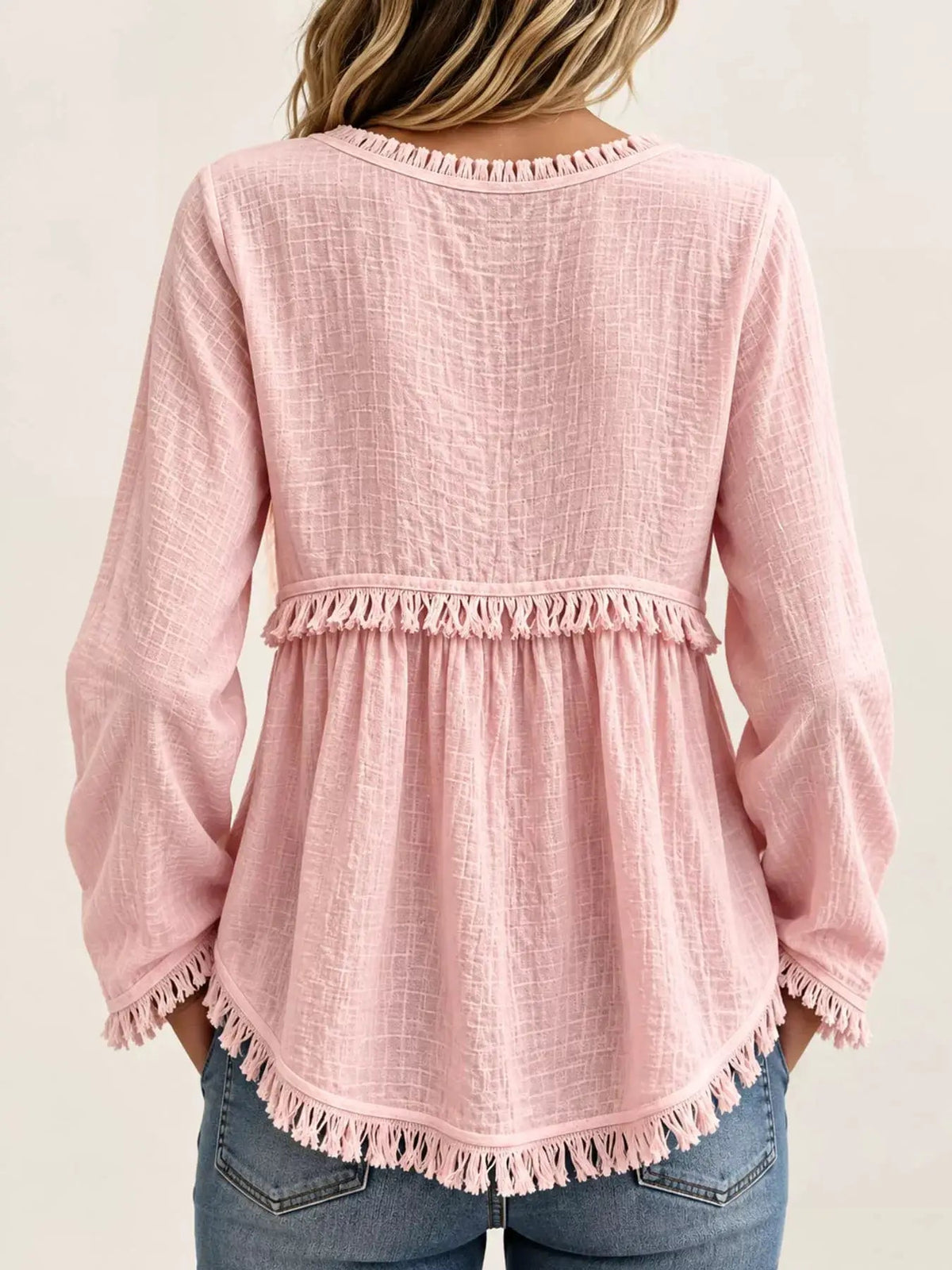 Blue Fringe Trim V-Neck Long Sleeve Babydoll Blouse - Bitsy Gypsy Boutique