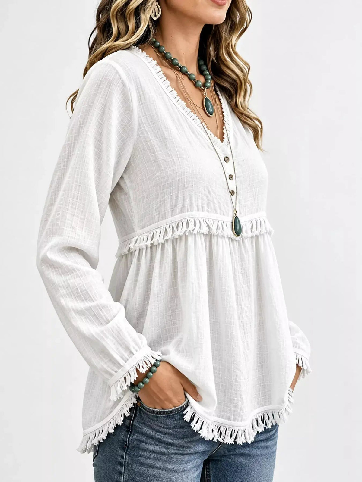 Blue Fringe Trim V-Neck Long Sleeve Babydoll Blouse - Bitsy Gypsy Boutique