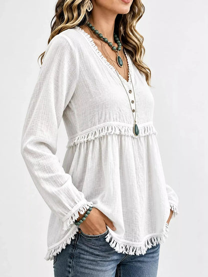 Blue Fringe Trim V-Neck Long Sleeve Babydoll Blouse - Bitsy Gypsy Boutique
