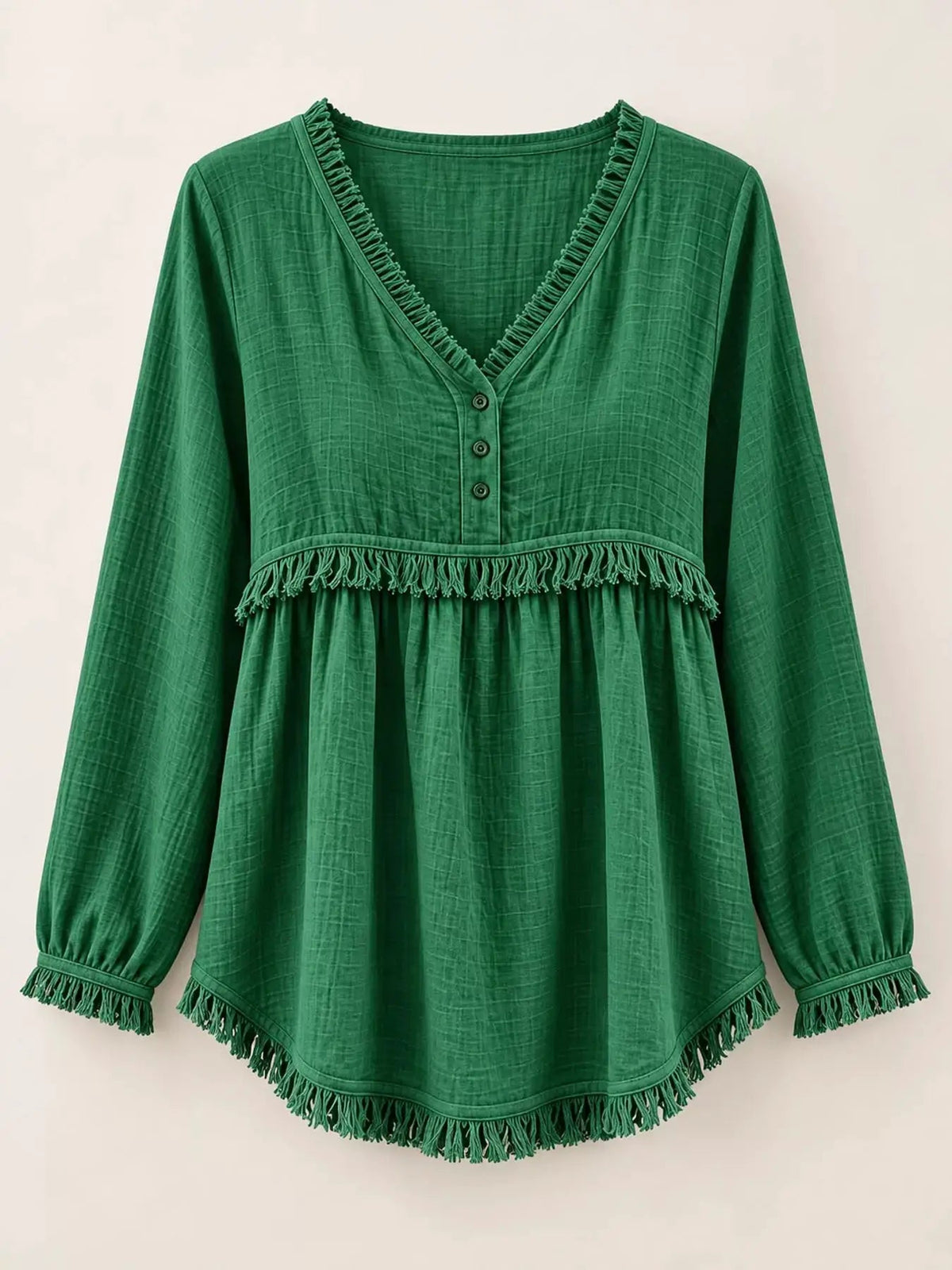 Blue Fringe Trim V-Neck Long Sleeve Babydoll Blouse - Bitsy Gypsy Boutique