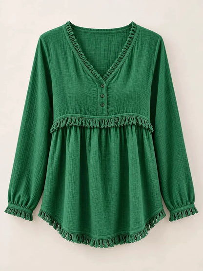 Blue Fringe Trim V-Neck Long Sleeve Babydoll Blouse - Bitsy Gypsy Boutique
