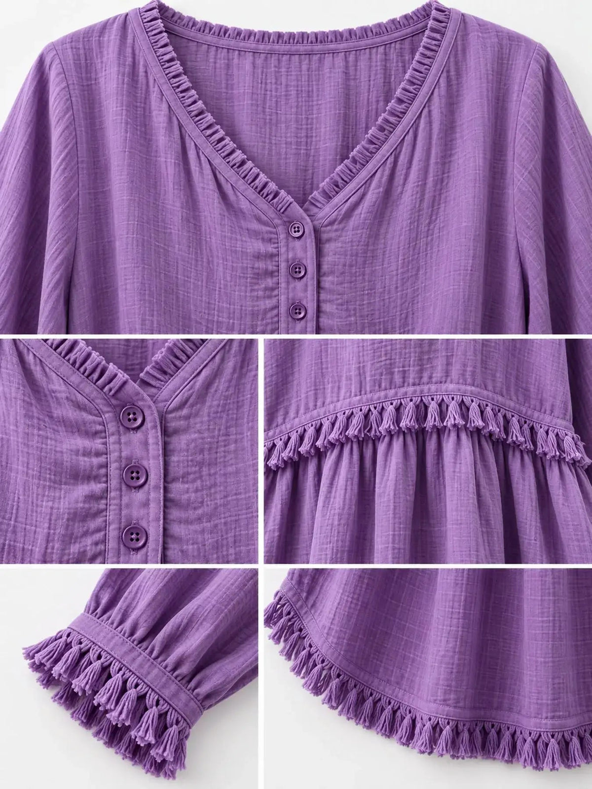 Blue Fringe Trim V-Neck Long Sleeve Babydoll Blouse - Bitsy Gypsy Boutique