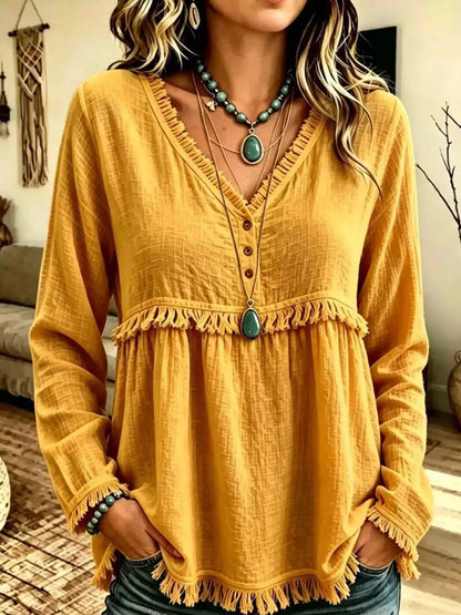 Blue Fringe Trim V-Neck Long Sleeve Babydoll Blouse - Bitsy Gypsy Boutique