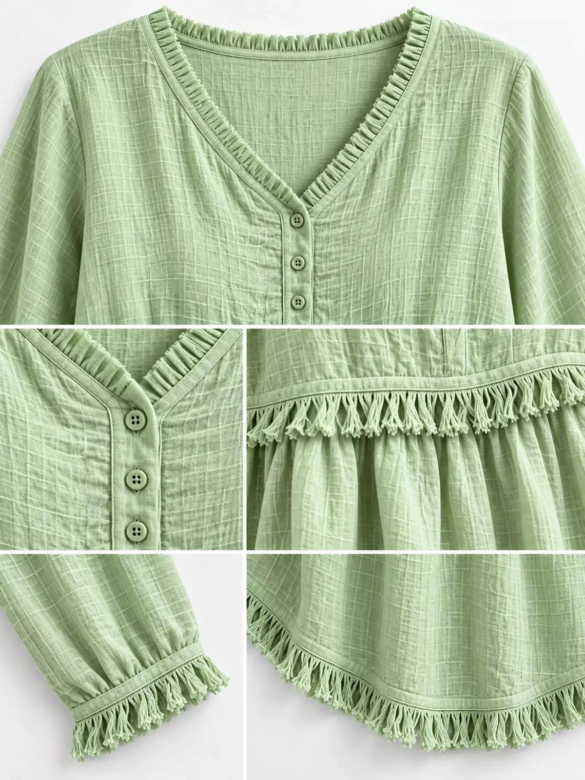 Blue Fringe Trim V-Neck Long Sleeve Babydoll Blouse - Bitsy Gypsy Boutique