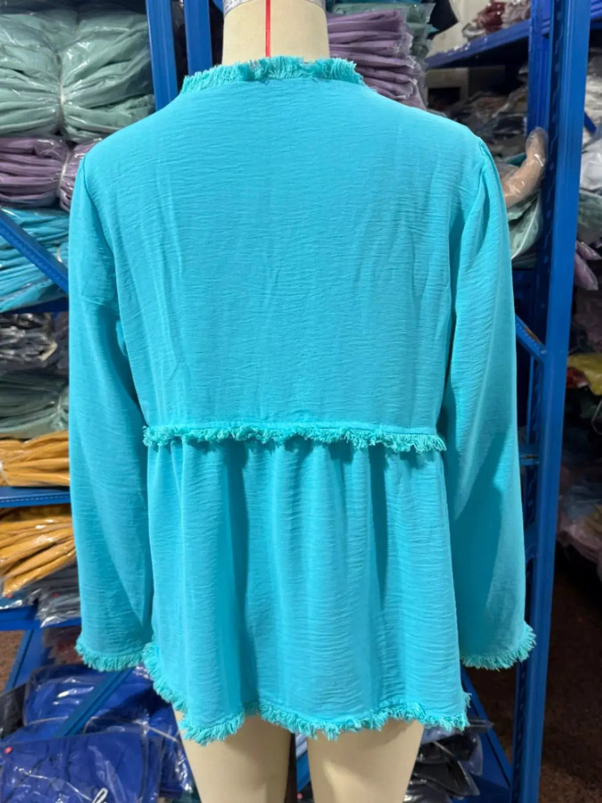 Blue Fringe Trim V-Neck Long Sleeve Babydoll Blouse - Bitsy Gypsy Boutique