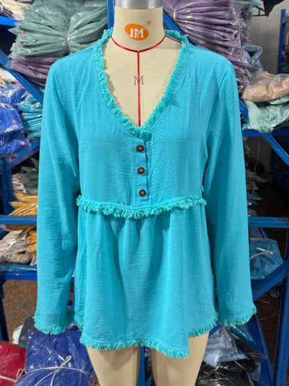 Blue Fringe Trim V-Neck Long Sleeve Babydoll Blouse - Bitsy Gypsy Boutique