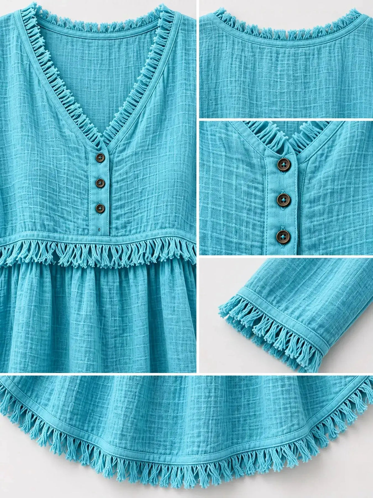 Blue Fringe Trim V-Neck Long Sleeve Babydoll Blouse - Bitsy Gypsy Boutique