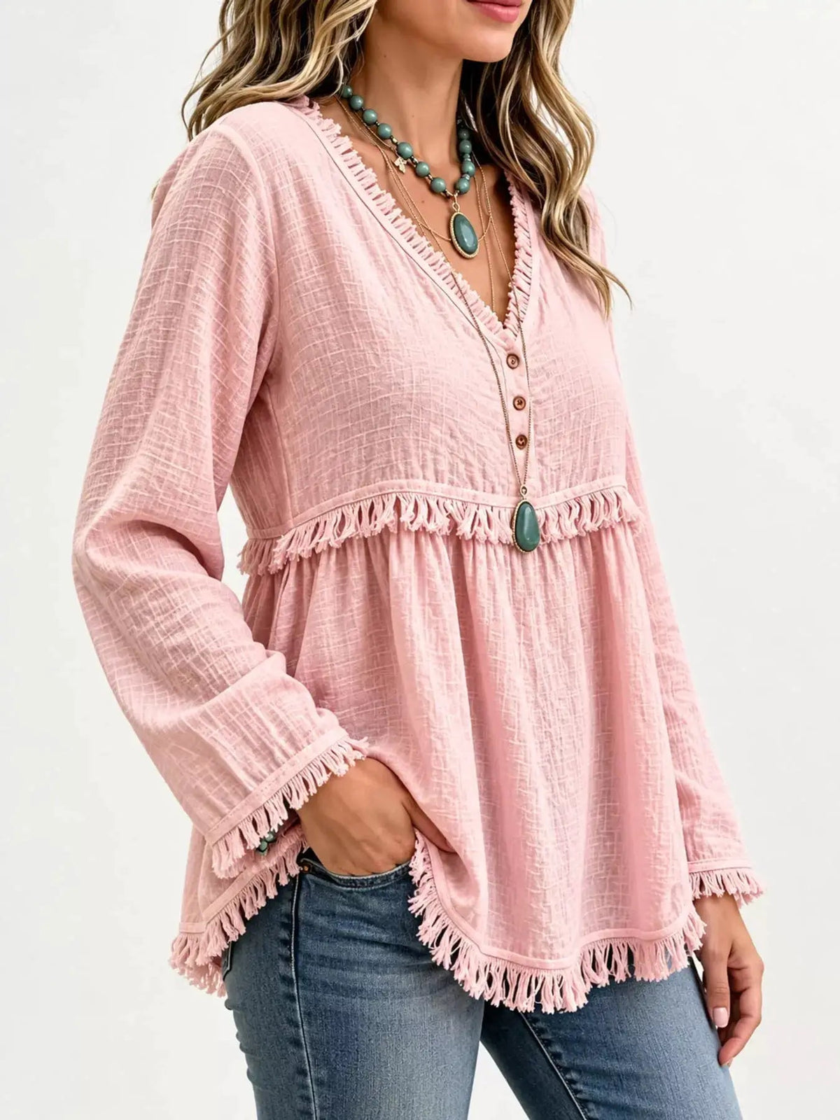 Blue Fringe Trim V-Neck Long Sleeve Babydoll Blouse - Bitsy Gypsy Boutique