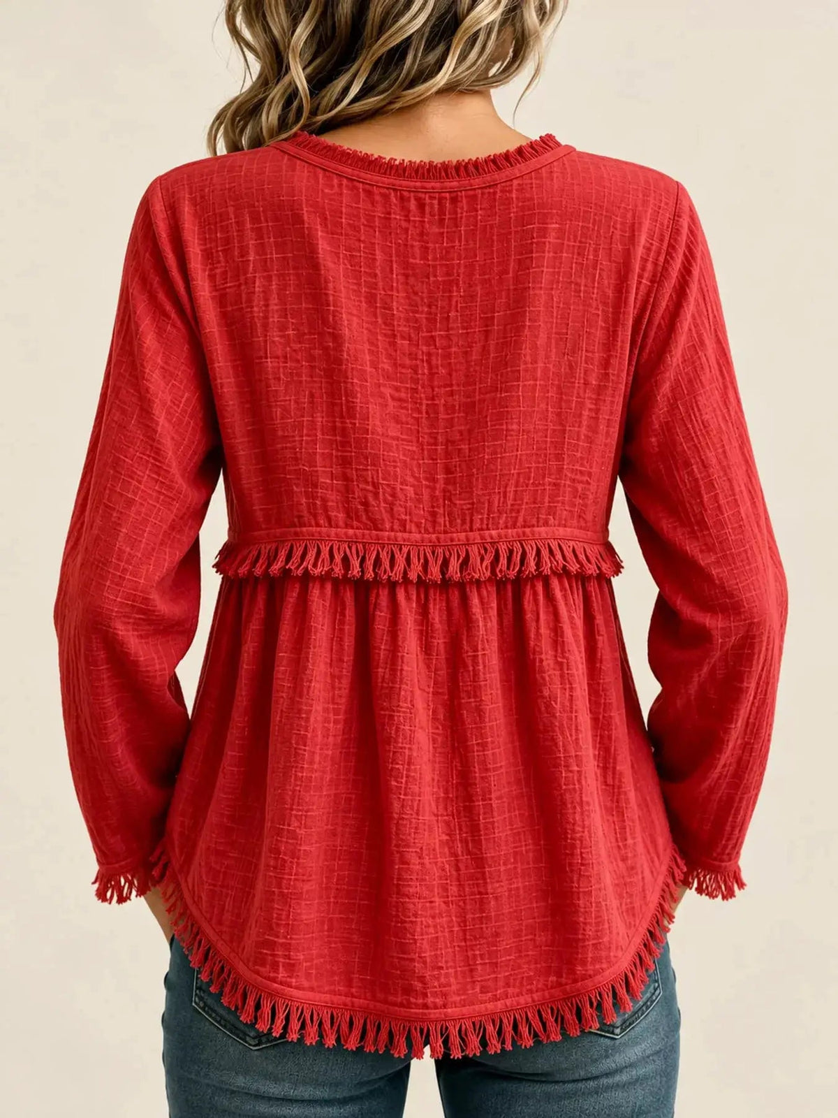Blue Fringe Trim V-Neck Long Sleeve Babydoll Blouse - Bitsy Gypsy Boutique