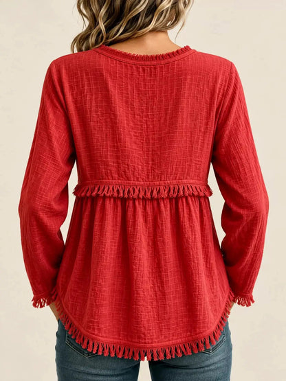 Blue Fringe Trim V-Neck Long Sleeve Babydoll Blouse - Bitsy Gypsy Boutique