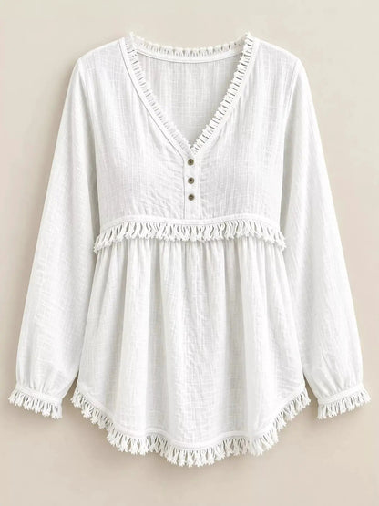 Blue Fringe Trim V-Neck Long Sleeve Babydoll Blouse - Bitsy Gypsy Boutique