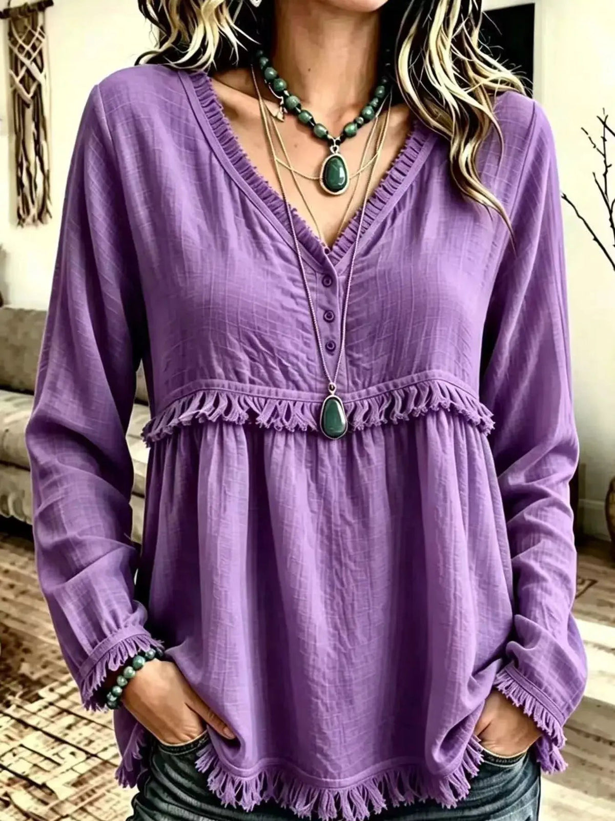 Blue Fringe Trim V-Neck Long Sleeve Babydoll Blouse - Bitsy Gypsy Boutique