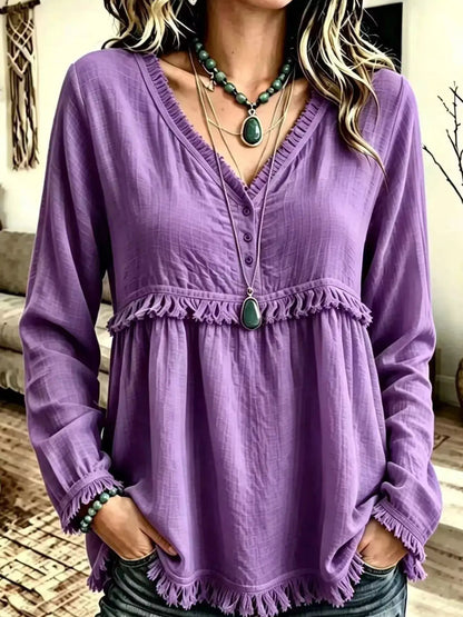 Blue Fringe Trim V-Neck Long Sleeve Babydoll Blouse - Bitsy Gypsy Boutique
