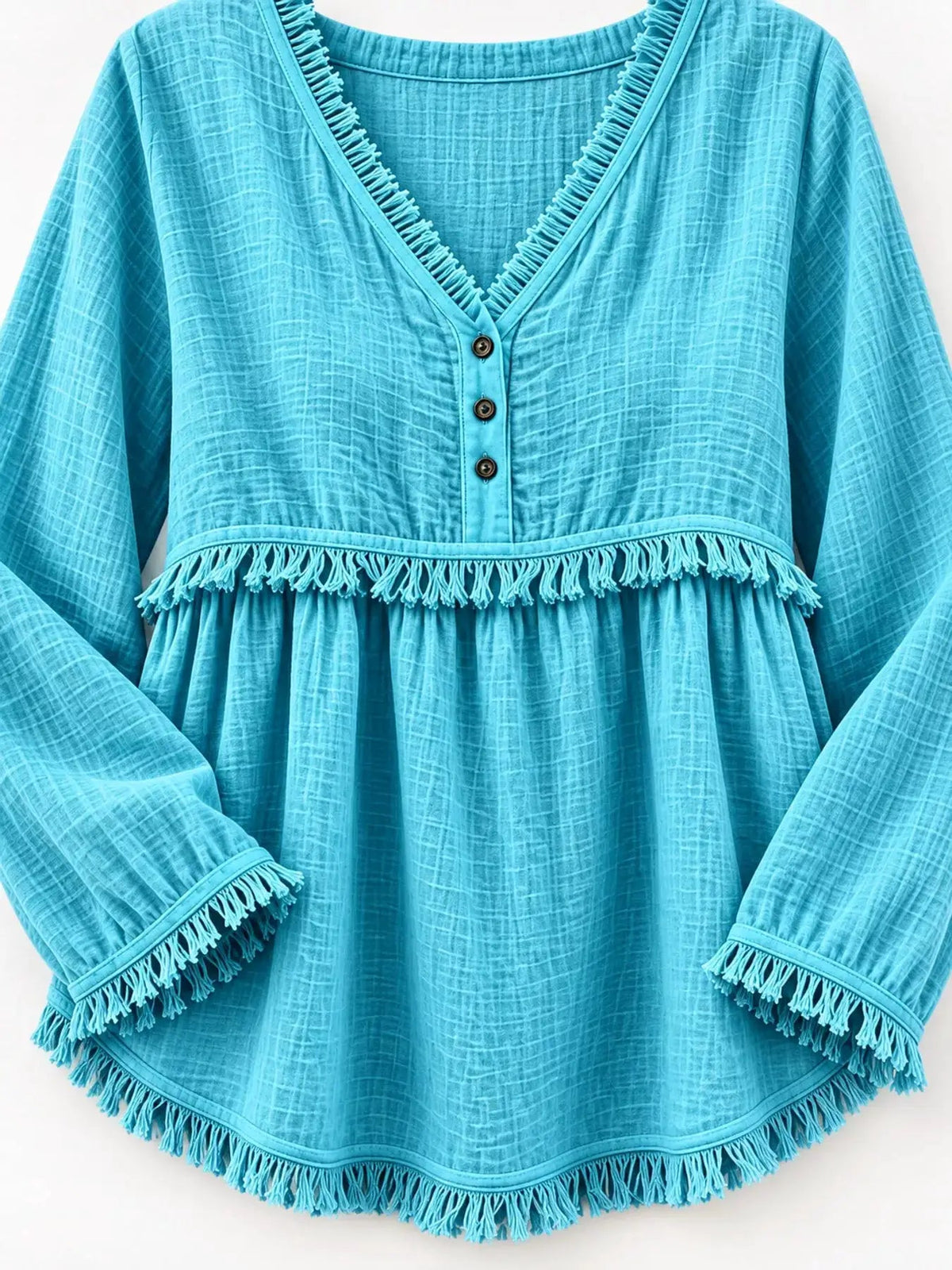 Blue Fringe Trim V-Neck Long Sleeve Babydoll Blouse - Bitsy Gypsy Boutique