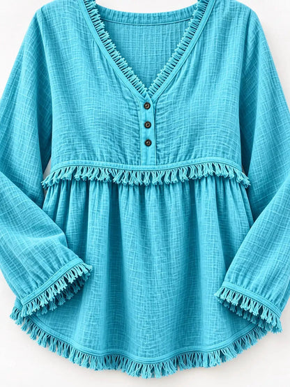 Blue Fringe Trim V-Neck Long Sleeve Babydoll Blouse - Bitsy Gypsy Boutique