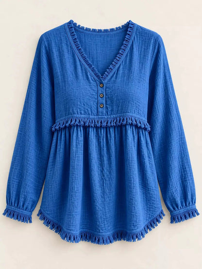Blue Fringe Trim V-Neck Long Sleeve Babydoll Blouse - Bitsy Gypsy Boutique