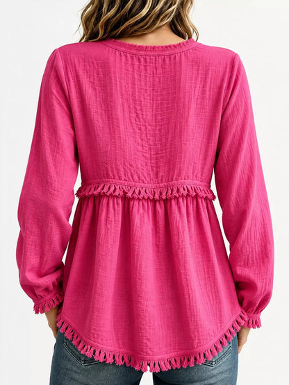 Blue Fringe Trim V-Neck Long Sleeve Babydoll Blouse - Bitsy Gypsy Boutique