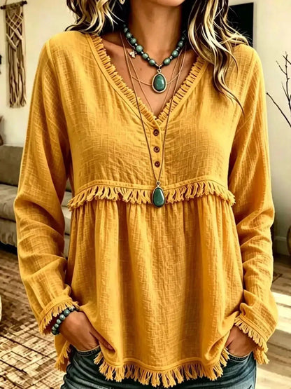 Blue Fringe Trim V-Neck Long Sleeve Babydoll Blouse - Bitsy Gypsy Boutique