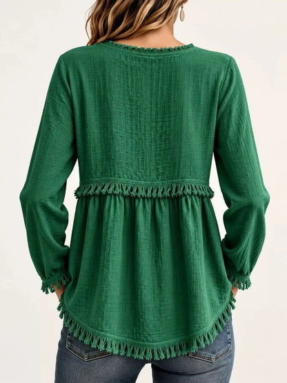 Blue Fringe Trim V-Neck Long Sleeve Babydoll Blouse - Bitsy Gypsy Boutique
