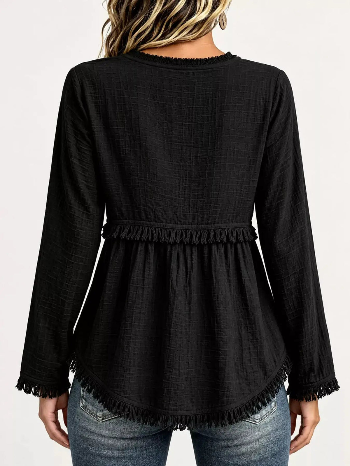 Blue Fringe Trim V-Neck Long Sleeve Babydoll Blouse - Bitsy Gypsy Boutique