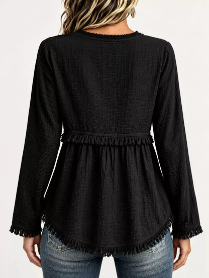 Blue Fringe Trim V-Neck Long Sleeve Babydoll Blouse - Bitsy Gypsy Boutique