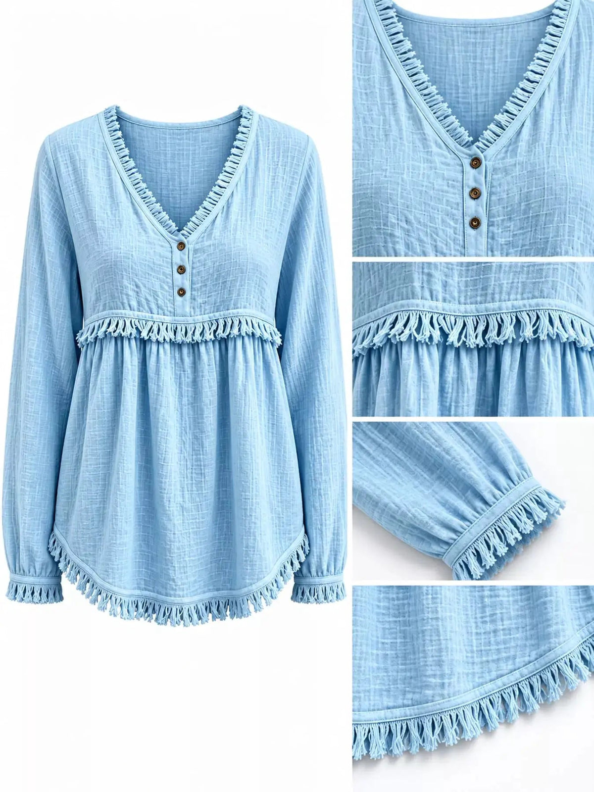 Blue Fringe Trim V-Neck Long Sleeve Babydoll Blouse - Bitsy Gypsy Boutique