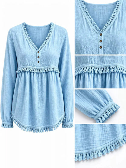 Blue Fringe Trim V-Neck Long Sleeve Babydoll Blouse - Bitsy Gypsy Boutique