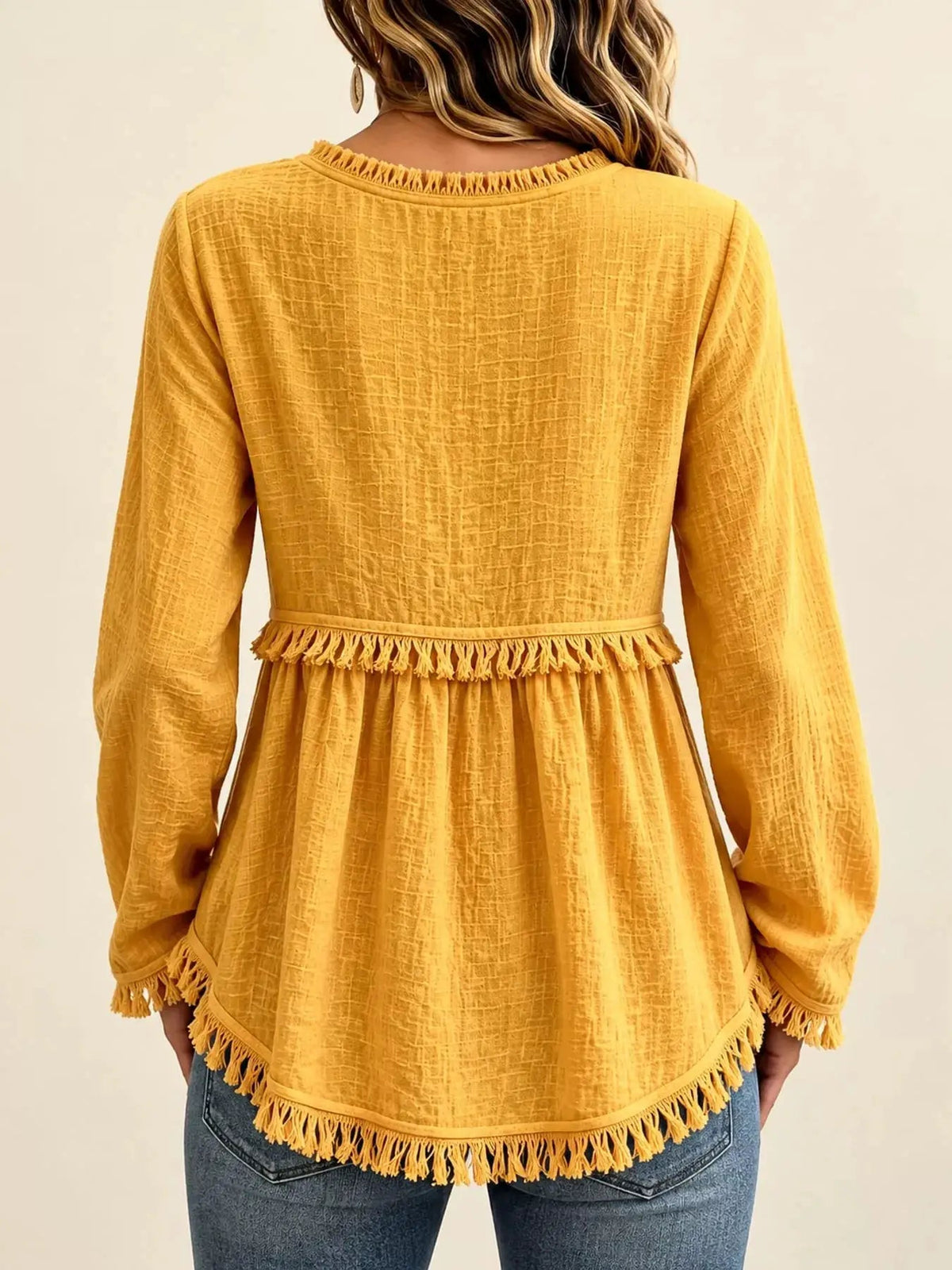 Blue Fringe Trim V-Neck Long Sleeve Babydoll Blouse - Bitsy Gypsy Boutique