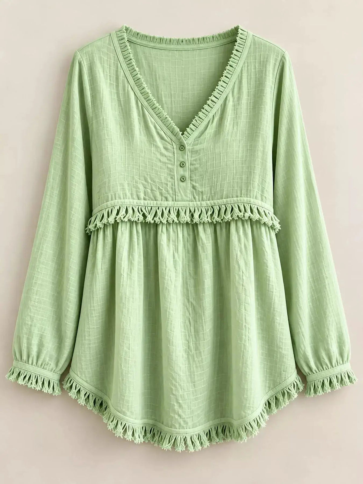 Blue Fringe Trim V-Neck Long Sleeve Babydoll Blouse - Bitsy Gypsy Boutique