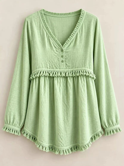 Blue Fringe Trim V-Neck Long Sleeve Babydoll Blouse - Bitsy Gypsy Boutique